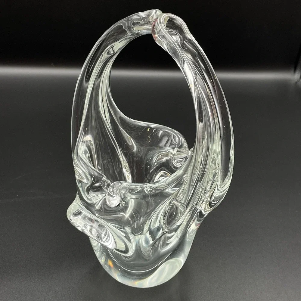 Vintage Hand Blown Art Glass Basket Clear Split Handle Basket Vase‎